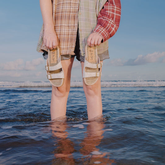 Person standing in water holding sandals with a beach and sky background