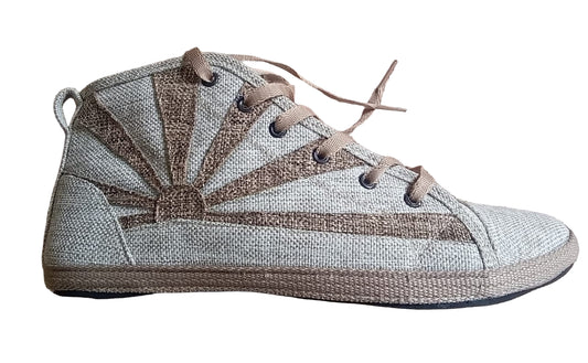 natural white hemp hightop sneaker with tyre soles and rising sun in brown hemp in the outside